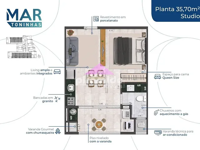 Apartamento com 36m² 1 quarto e 1 banheiro, à venda, no bairro Toninhas em Ubatuba