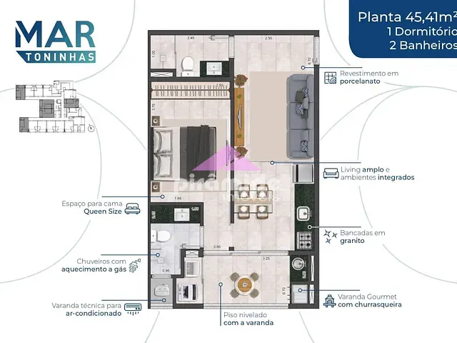 Apartamento com 45m² 1 quarto e 1 banheiro, à venda, no bairro Toninhas em Ubatuba
