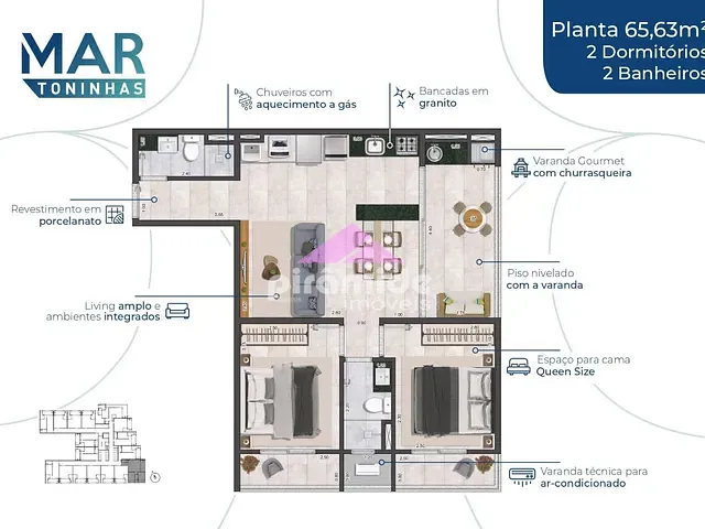 Apartamento com 66m² 2 quartos e 2 banheiros, à venda, no bairro Praia das Toninhas em Ubatuba