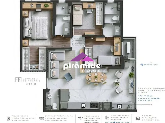 Apartamento com 83m² 3 quartos e 2 banheiros, à venda, no bairro Jardim das Colinas em São José dos Campos