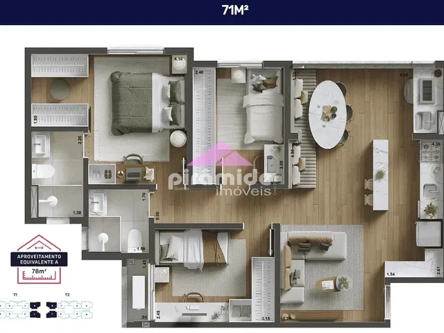 Apartamento com 10m² 3 quartos e 2 banheiros, à venda, no bairro Parque Industrial em São José Dos Campos