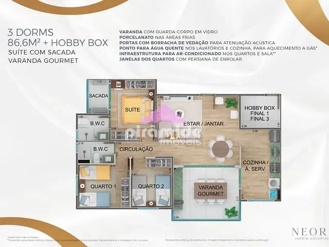 Apartamento com 87m² 3 quartos e 2 banheiros, à venda, no bairro Jardim Aquarius em São José dos Campos