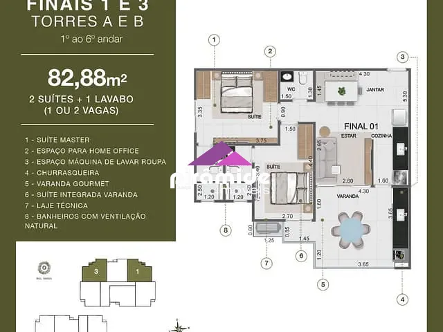 Apartamento com 85m² 2 quartos e 3 banheiros, à venda, no bairro Aruan em Caraguatatuba