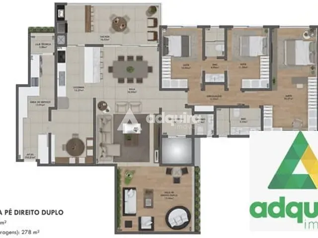 Apartamento com 278m² 3 quartos e 3 banheiros, à venda, no bairro Estrela em Ponta Grossa