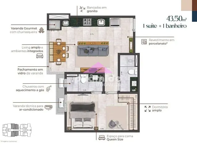 Apartamento com 44m² 1 quarto e 1 banheiro, à venda, no bairro Martim de Sá em Caraguatatuba