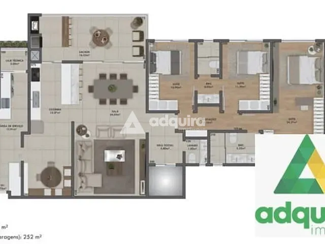 Apartamento com 252m² 3 quartos e 3 banheiros, à venda, no bairro Estrela em Ponta Grossa