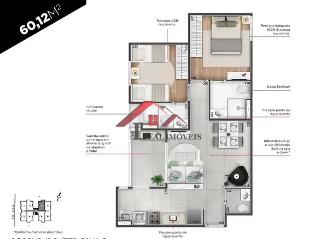 Apartamento com 60m² 2 quartos e 3 banheiros, à venda, no bairro Vila Baeta Neves em São Bernardo do Campo