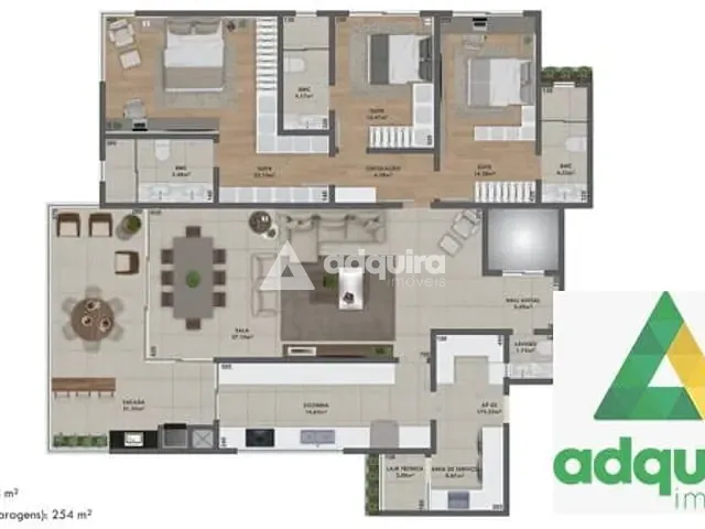 Apartamento com 254m² 3 quartos e 5 banheiros, à venda, no bairro Estrela em Ponta Grossa
