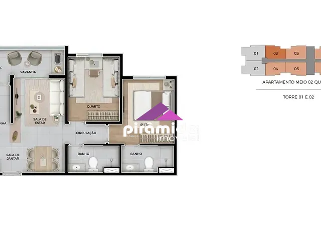 Apartamento com 65m² 2 quartos e 2 banheiros, à venda, no bairro Jardim das Indústrias em São José dos Campos
