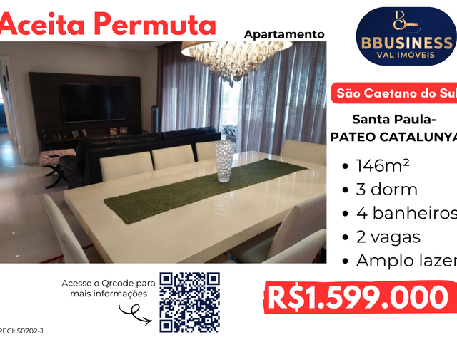 Apartamento com 146m² 3 quartos e 4 banheiros, à venda, no bairro Santa Paula em São Caetano do Sul