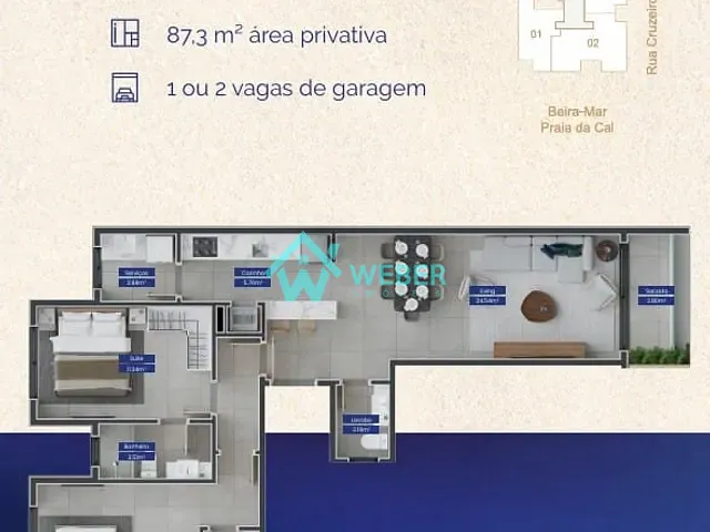 Apartamento com 150m² 2 quartos e 3 banheiros, à venda, no bairro Praia da Cal em Torres