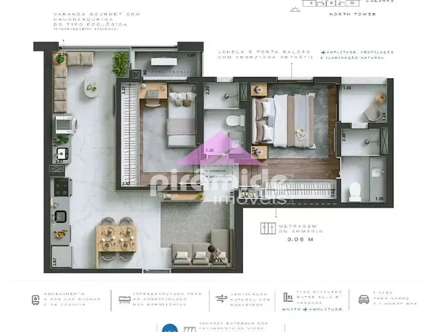 Apartamento com 61m² 2 quartos e 2 banheiros, à venda, no bairro Jardim das Colinas em São José Dos Campos