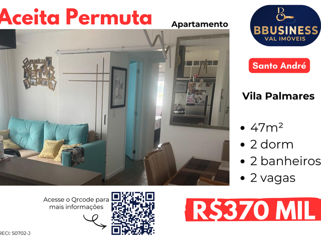 Apartamento com 47m² 2 quartos e 2 banheiros, à venda, no bairro Vila Palmares em Santo André