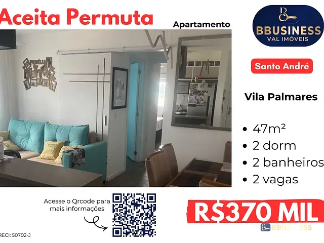 Apartamento com 47m² 2 quartos e 2 banheiros, à venda, no bairro Vila Palmares em Santo André