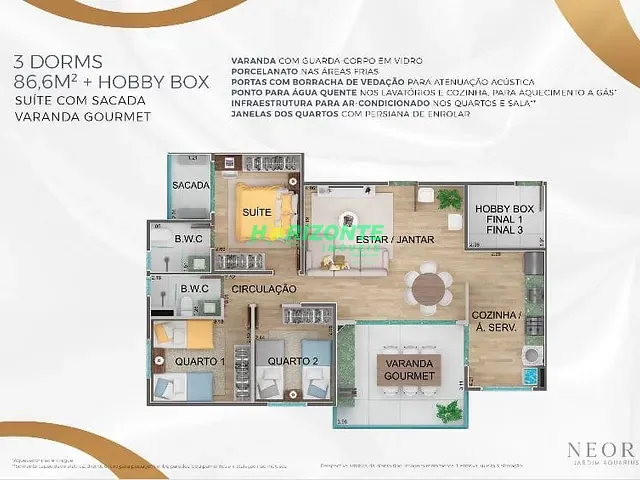 Apartamento com 91m² 3 quartos e 2 banheiros, à venda, no bairro Jardim Aquarius em São José dos Campos