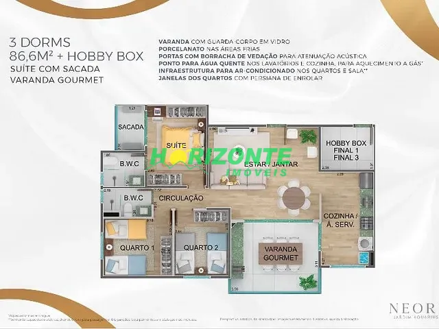 Apartamento com 91m² 3 quartos e 2 banheiros, à venda, no bairro Jardim Aquarius em São José dos Campos