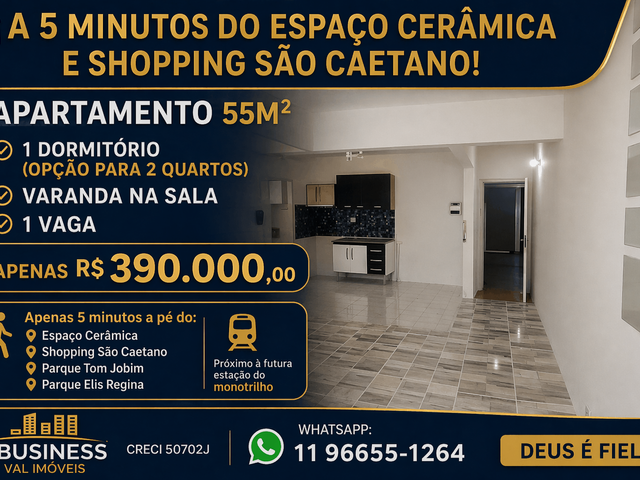 Apartamento com 62m² 1 quarto e 1 banheiro, à venda, no bairro Cerâmica em São Caetano do Sul