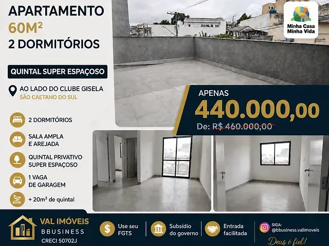 Apartamento com 80m² 1 quarto e 2 banheiros, à venda, no bairro Nova Gerty em São Caetano do Sul