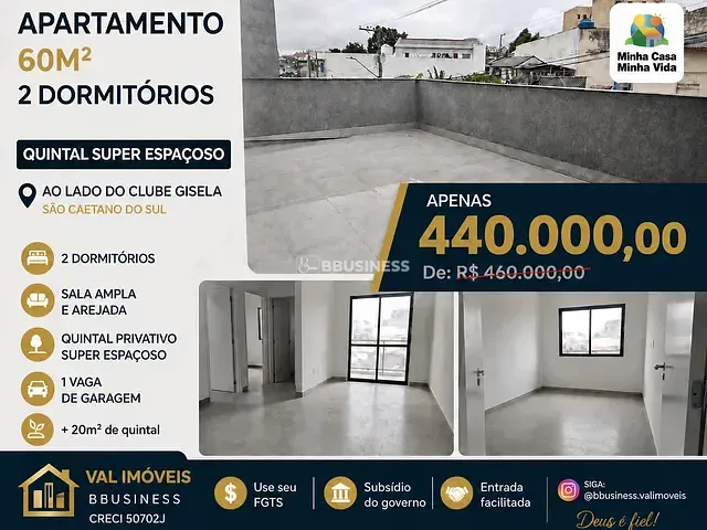 Apartamento com 80m² 2 quartos e 2 banheiros, à venda, no bairro Nova Gerty em São Caetano do Sul