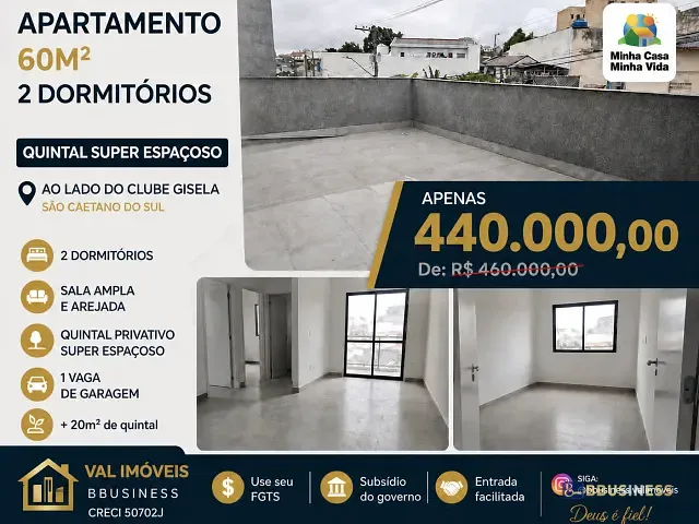 Apartamento com 80m² 2 quartos e 2 banheiros, à venda, no bairro Nova Gerty em São Caetano do Sul