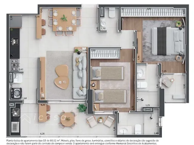 Apartamento com 81m² 2 quartos e 3 banheiros, à venda, no bairro Barranco em Taubaté