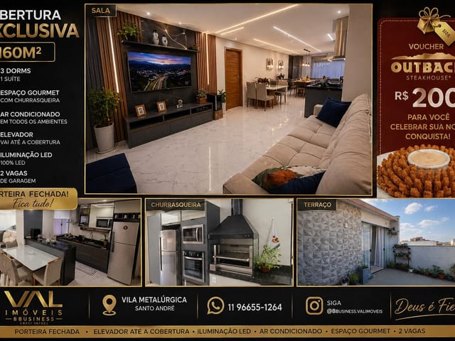 Apartamento com 200m² 3 quartos e 3 banheiros, à venda, no bairro Utinga em Santo André