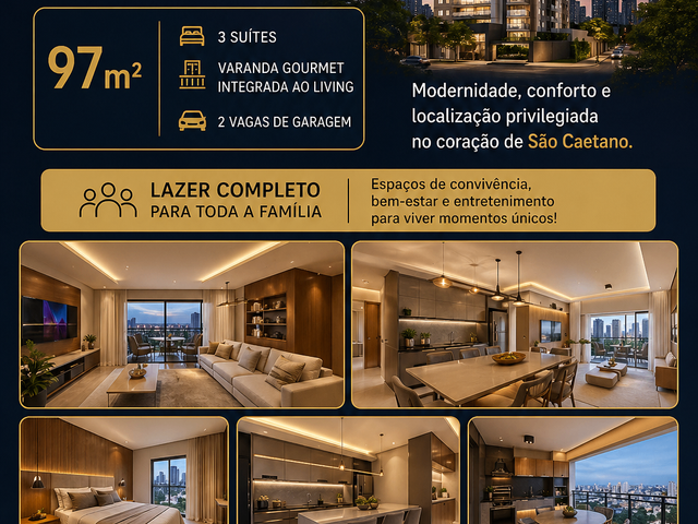 Apartamento com 100m² 3 quartos e 3 banheiros, à venda, no bairro Santo Antônio em São Caetano do Sul