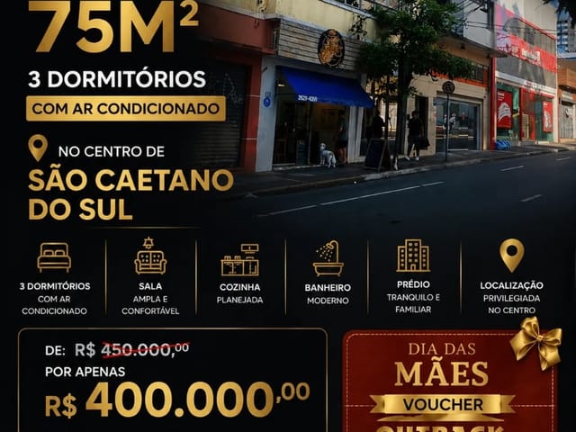 Apartamento com 80m² 3 quartos e 1 banheiro, à venda, no bairro Centro em São Caetano do Sul