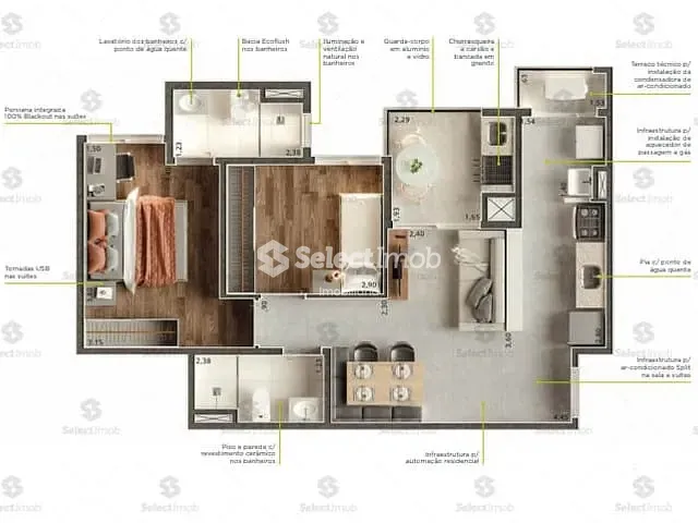 Apartamento com 56m² 2 quartos e 2 banheiros, à venda, no bairro Vila Alzira em Santo André