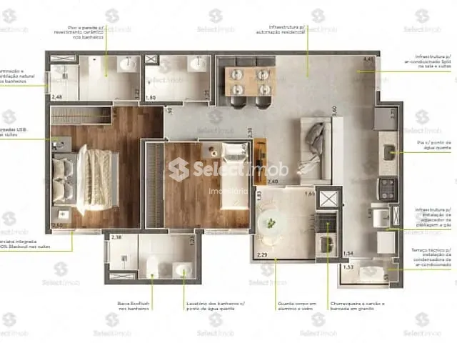 Apartamento com 58m² 2 quartos e 2 banheiros, à venda, no bairro Vila Alzira em Santo André