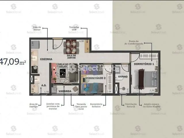 Apartamento com 47m² 2 quartos e 1 banheiro, à venda, no bairro Vila Palmares em Santo André