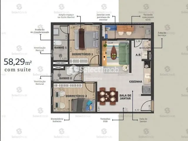 Apartamento com 58m² 2 quartos e 2 banheiros, à venda, no bairro Vila Guiomar em Santo André