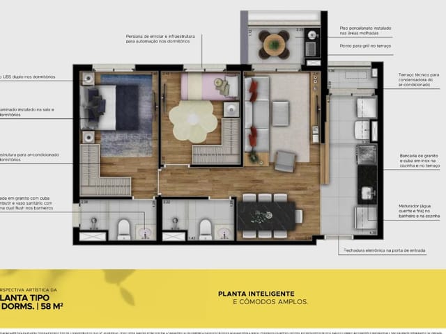 Apartamento com 58m² 2 quartos e 2 banheiros, à venda, no bairro Jardim Esplanada em São José Dos Campos