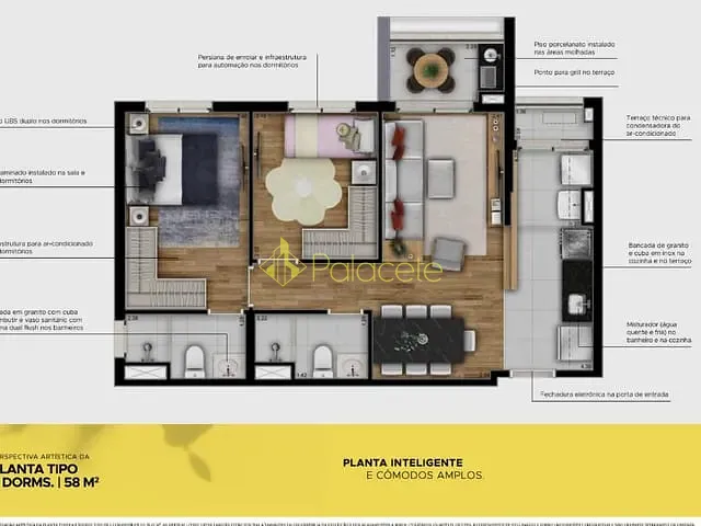 Apartamento com 58m² 2 quartos e 2 banheiros, à venda, no bairro Jardim Esplanada em São José Dos Campos