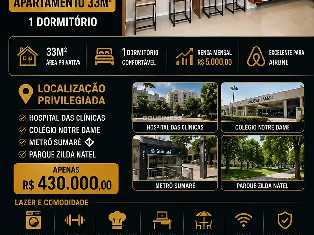 Apartamento 1 quarto e 1 banheiro, à venda, no bairro Pinheiros em São Paulo