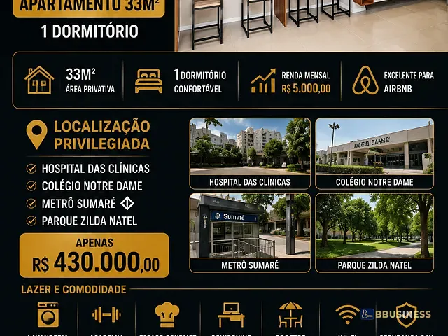 Apartamento 1 quarto e 1 banheiro, à venda, no bairro Pinheiros em São Paulo