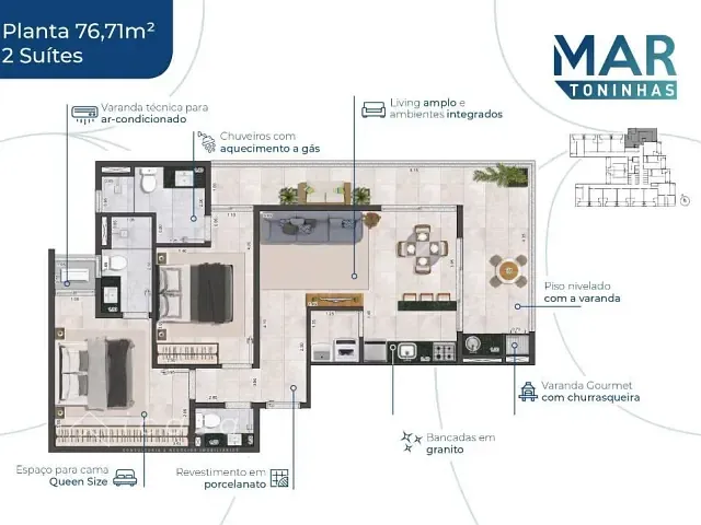 Apartamento com 77m² 2 quartos e 3 banheiros, à venda, no bairro Toninhas em Ubatuba
