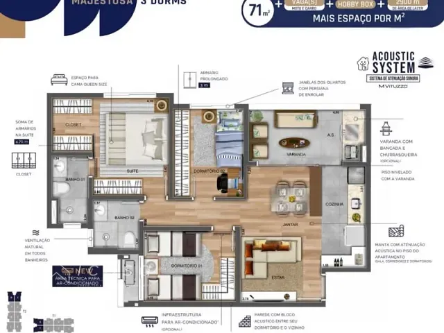 Apartamento com 74m² 3 quartos e 2 banheiros, à venda, no bairro Vila Industrial em São José dos Campos