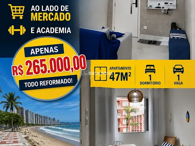 Apartamento 1 quarto e 1 banheiro, à venda, no bairro Tupi em Praia Grande