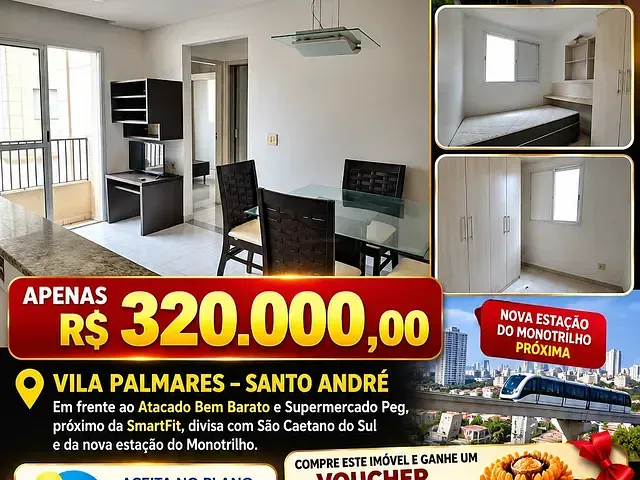 Apartamento com 46m² 2 quartos e 1 banheiro, à venda, no bairro Vila Palmares em Santo André