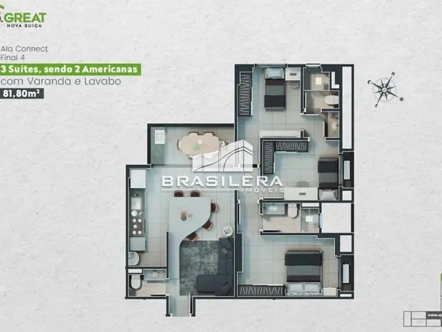 Apartamento 3 quartos e 3 banheiros, à venda, no bairro Parque Amazônia em Goiânia