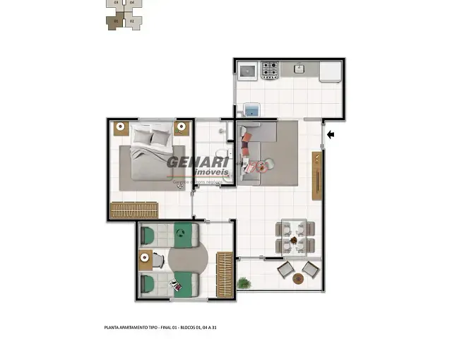 Apartamento com 55m² 2 quartos e 1 banheiro, à venda, no bairro Mato Dentro em Indaiatuba