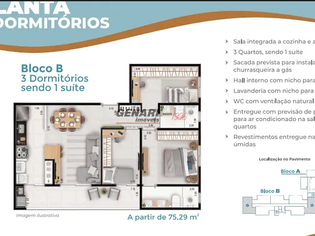 Apartamento com 75m² 3 quartos e 2 banheiros, à venda, no bairro Jardim Santa Cruz em Indaiatuba