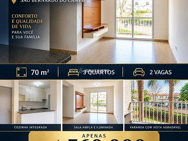 Apartamento 3 quartos e 2 banheiros, à venda, no bairro Taboão em São Bernardo do Campo