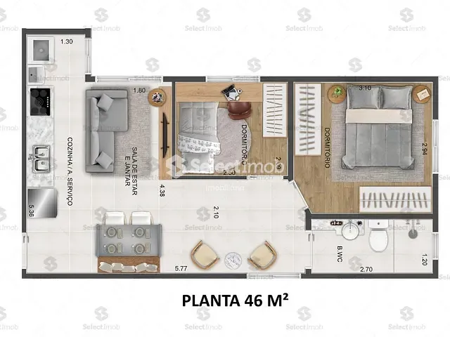 Apartamento com 43m² 2 quartos e 1 banheiro, à venda, no bairro Vila Bocaina em Mauá