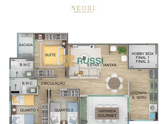Apartamento com 94m² 3 quartos e 2 banheiros, à venda, no bairro Parque Residencial Aquarius em São José dos Campos