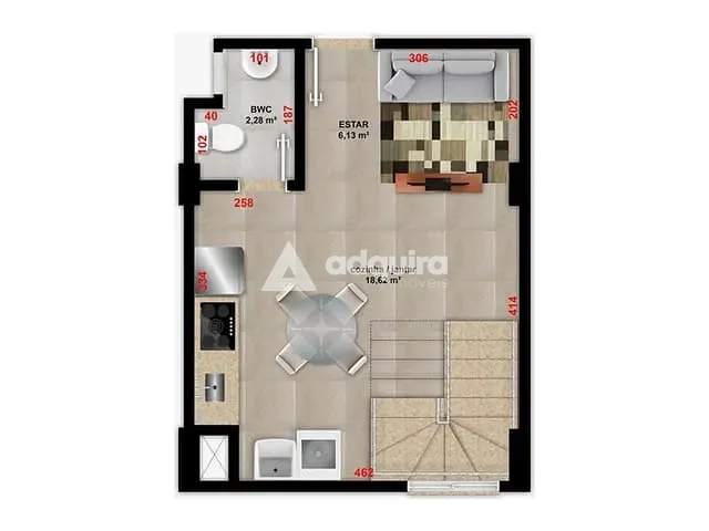 Apartamento 1 quarto e 2 banheiros, à venda, no bairro Centro em Ponta Grossa