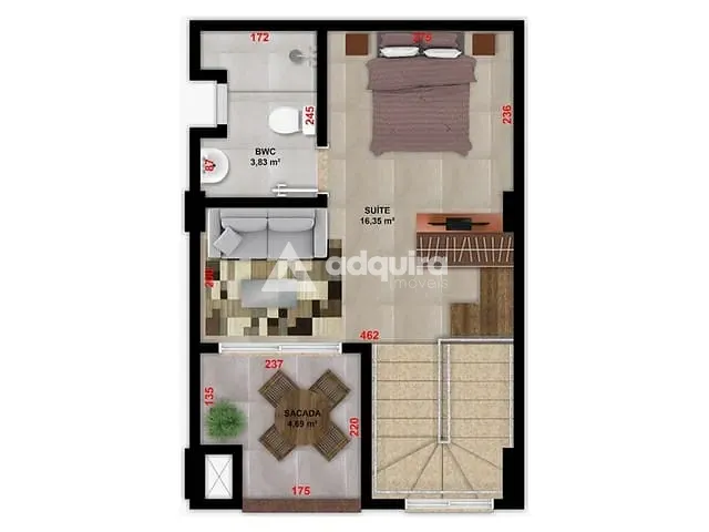 Apartamento 1 quarto e 2 banheiros, à venda, no bairro Centro em Ponta Grossa