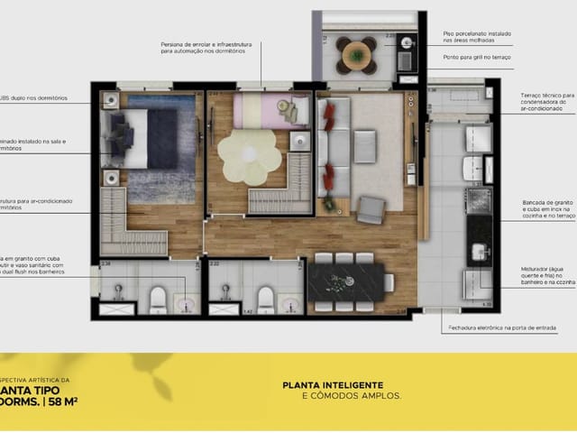 Apartamento com 59m² 2 quartos e 2 banheiros, à venda, no bairro Jardim Esplanada em São José Dos Campos