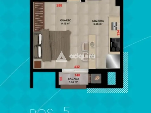 Apartamento com 52m² 1 quarto e 1 banheiro, à venda, no bairro Centro em Ponta Grossa